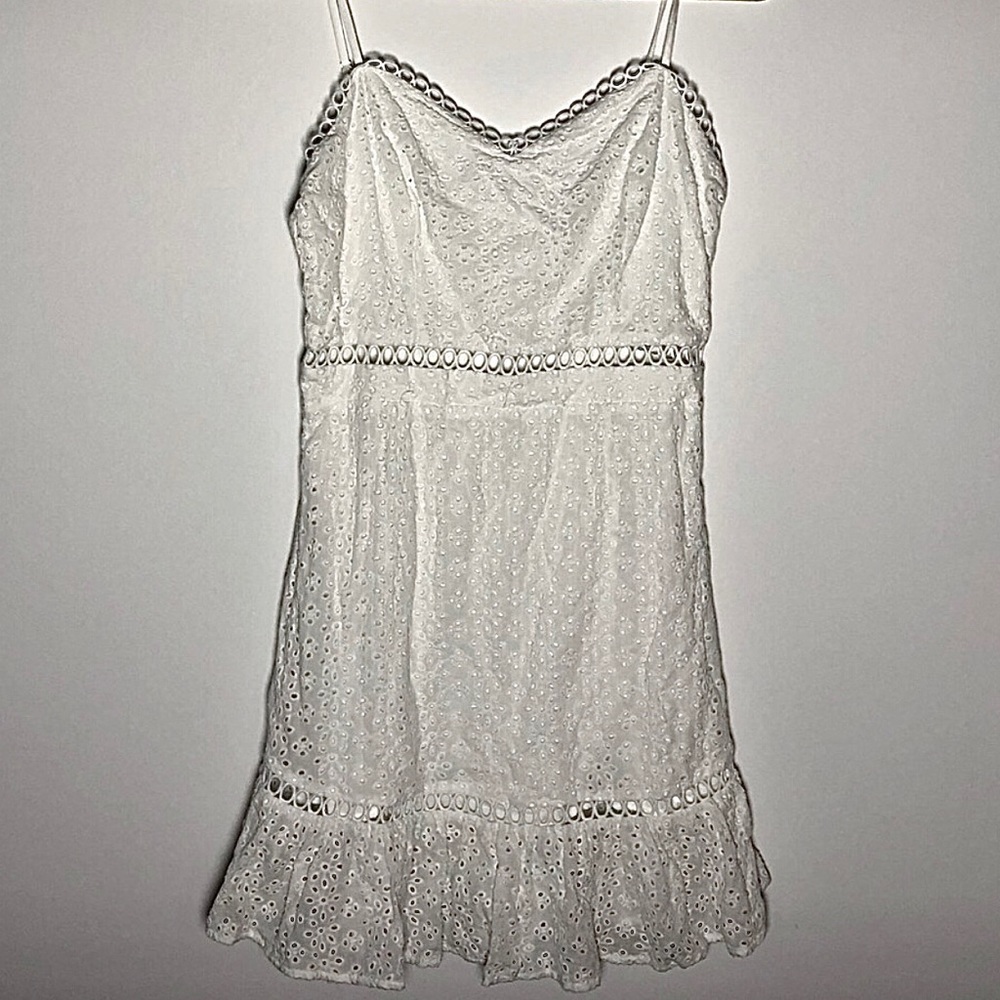 White Lace Eyelet Detail Sleeveless Ruffle Dress